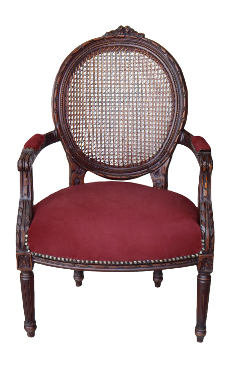 Fauteuil Louis XVI rieten stijl bordeaux fluweel en mahonie houtkleur