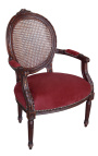 Armchair Louis XVI caned style burgundy velvet and mahogany wood color