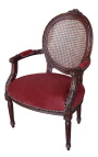 Fauteuil Louis XVI rieten stijl bordeaux fluweel en mahonie houtkleur