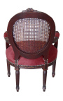 Fauteuil Louis XVI rieten stijl bordeaux fluweel en mahonie houtkleur