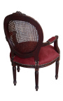 Armchair Louis XVI caned style burgundy velvet and mahogany wood color