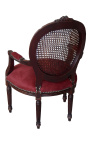 Armchair Louis XVI caned style burgundy velvet and mahogany wood color