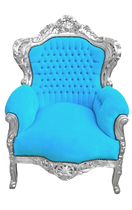 Grote fauteuil in barokstijl turquoise fluwelen stof en zilverkleurig hout