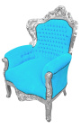 Grote fauteuil in barokstijl turquoise fluwelen stof en zilverkleurig hout