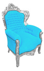 Grote fauteuil in barokstijl turquoise fluwelen stof en zilverkleurig hout