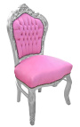 Cadeira estilo barroco rococó tecido de veludo rosa e madeira prateada